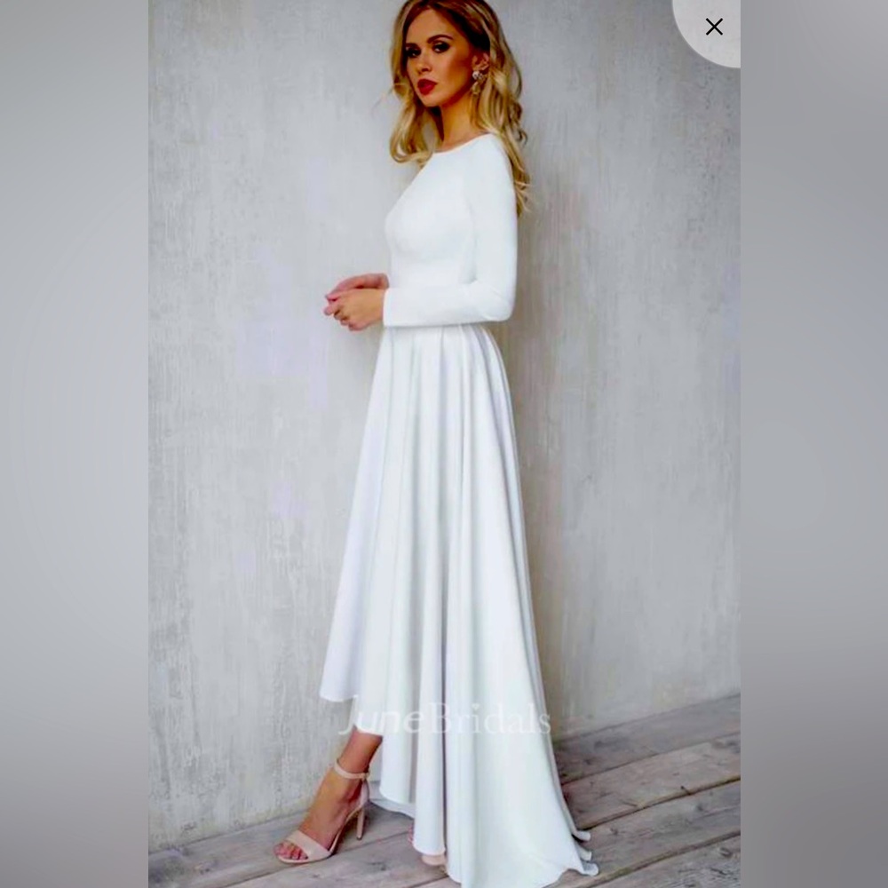 Long Sleeves A-Line Satin Wedding Dress High-Low Bateau Bridal Gown Open Back